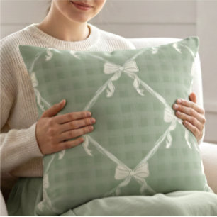 Koketten Schleifen Gingham-Muster Creme Salbeigrün Kissen