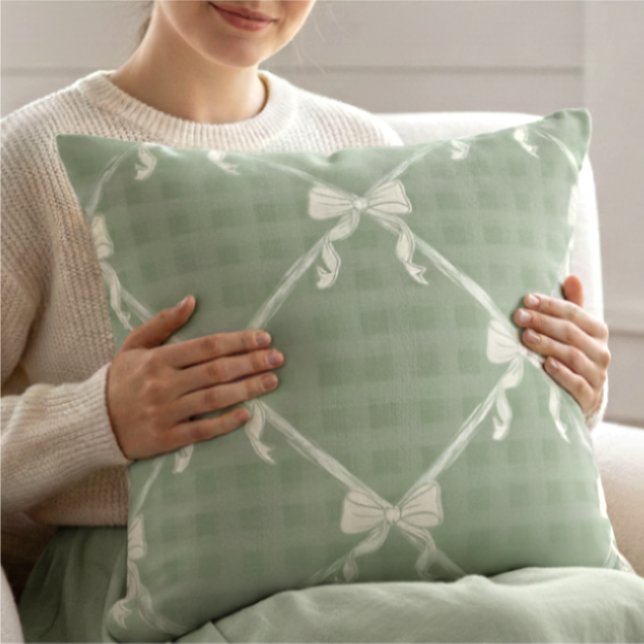 Koketten Schleifen Gingham-Muster Creme Salbeigrün Kissen (Von Creator hochgeladen)