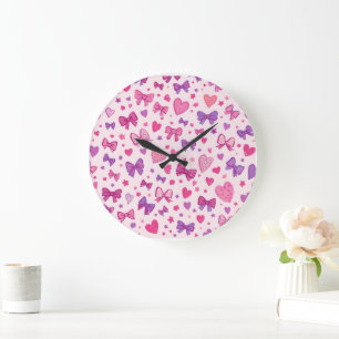 Koketten-Stil Rosa Lila Schleife & Herz Muster Große Wanduhr