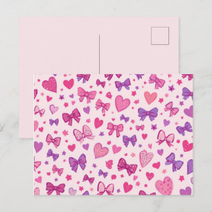 Koketten-Stil Rosa Lila Schleife & Herz Muster Postkarte