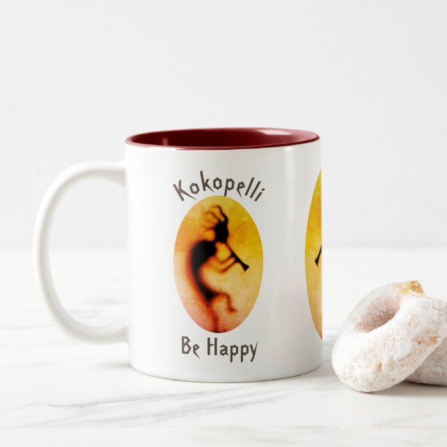 Kokopelli Be Happy Inspiration Zweifarbige Tasse (Mit Donut)