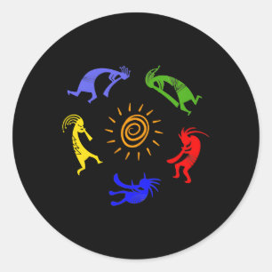 Kokopelli Colorful Sun Tancing Musicians Fortune Runder Aufkleber