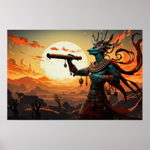 Kokopelli, die in felsigen Wüstenbergen Flute spie Poster
