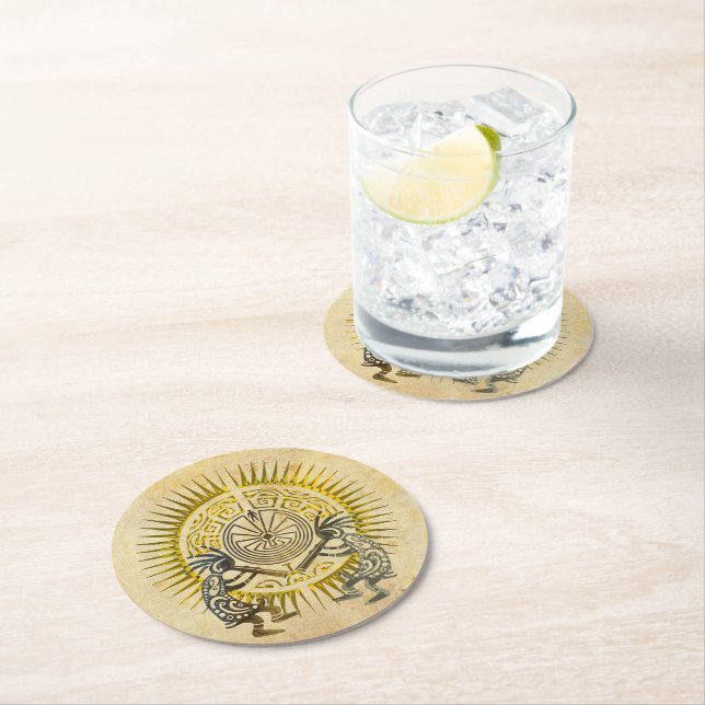 Kokopelli Duo - Mann im Maze - Sonne 1 Runder Pappuntersetzer (Vor Ort)