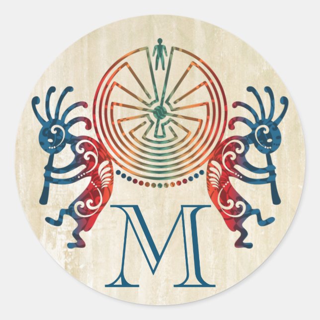 KOKOPELLI / MAN IN DER MAZE + Ihr Monogramm Runder Aufkleber (Vorderseite)