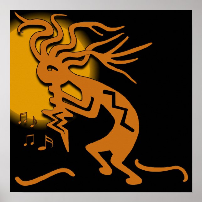 Kokopelli Merrymaker Musiker mit Mond Poster (Vorne)