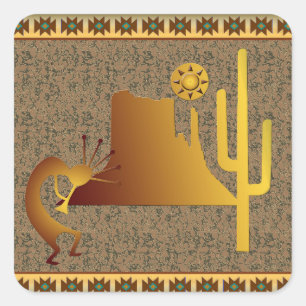 Kokopelli Mesa & Cactus Set #1 Quadratischer Aufkleber