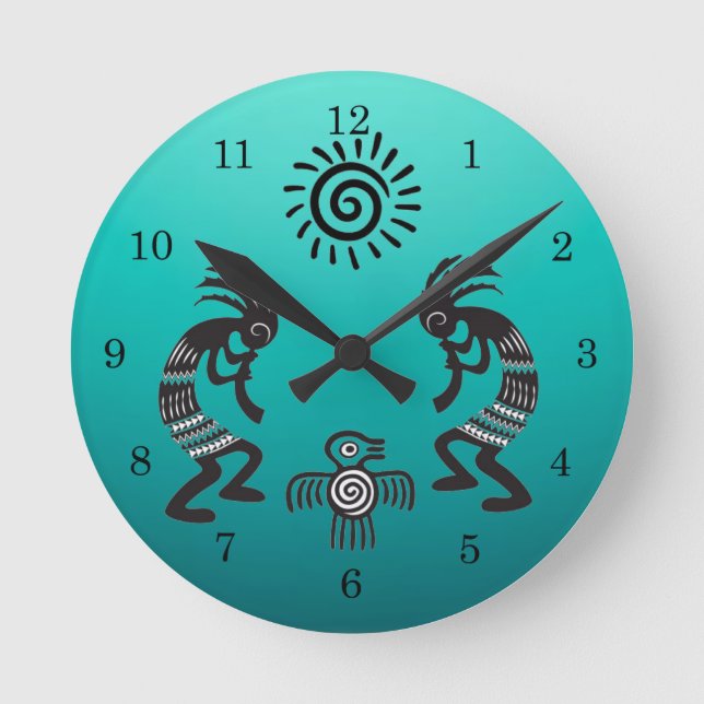 Kokopelli mit Indianersonne und Indianervogel Runde Wanduhr (Vorderseite)