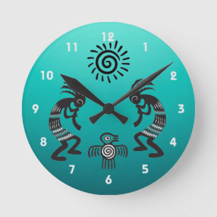 Kokopelli mit Indianersonne und Indianervogel Runde Wanduhr