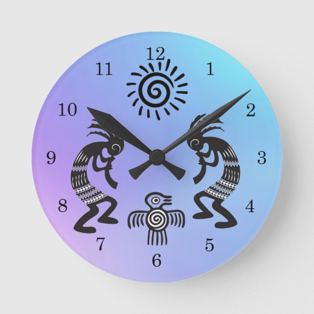 Kokopelli mit Indianersonne und Indianervogel Runde Wanduhr (Vorderseite)