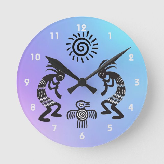 Kokopelli mit Indianersonne und Indianervogel Runde Wanduhr (Vorderseite)