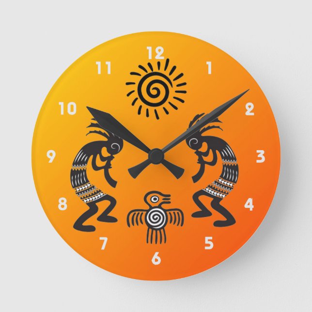 Kokopelli mit Indianersonne und Indianervogel Runde Wanduhr (Vorderseite)