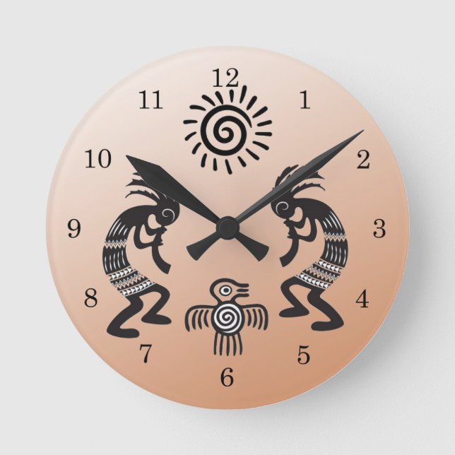 Kokopelli mit nativer Sonne und nativem Vogelsymbo Runde Wanduhr (Vorderseite)
