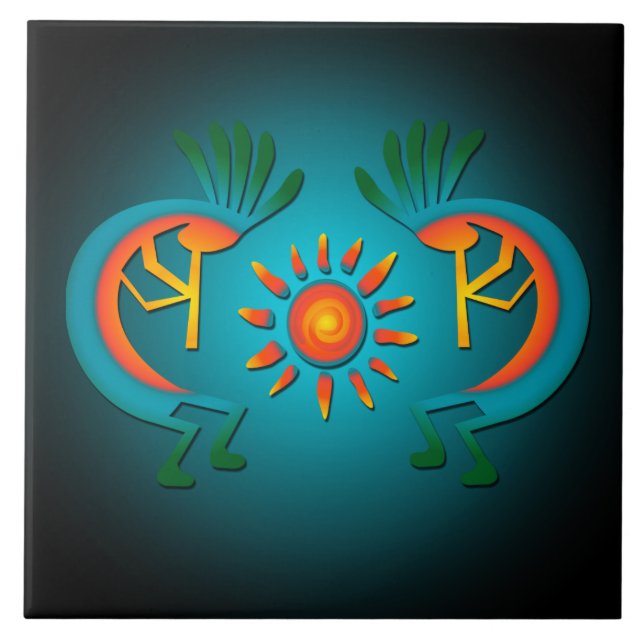 Kokopelli mit Sun Aquamarin Design 6" Fliese (Vorderseite)