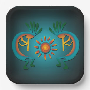 Kokopelli mit Sun Aquamarin Design 9" Sq Pappteller