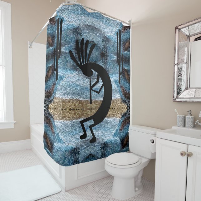 Kokopelli Southwest Desert Blue Mosaic 2 Duschvorhang (Beispiel)