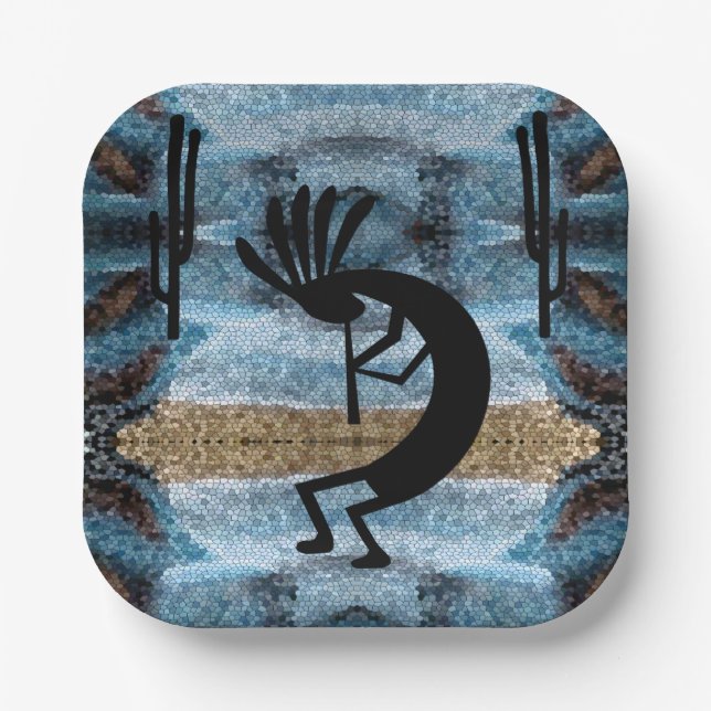Kokopelli Southwest Wüste Mosaic Blue 7" Pappteller (Vorderseite)