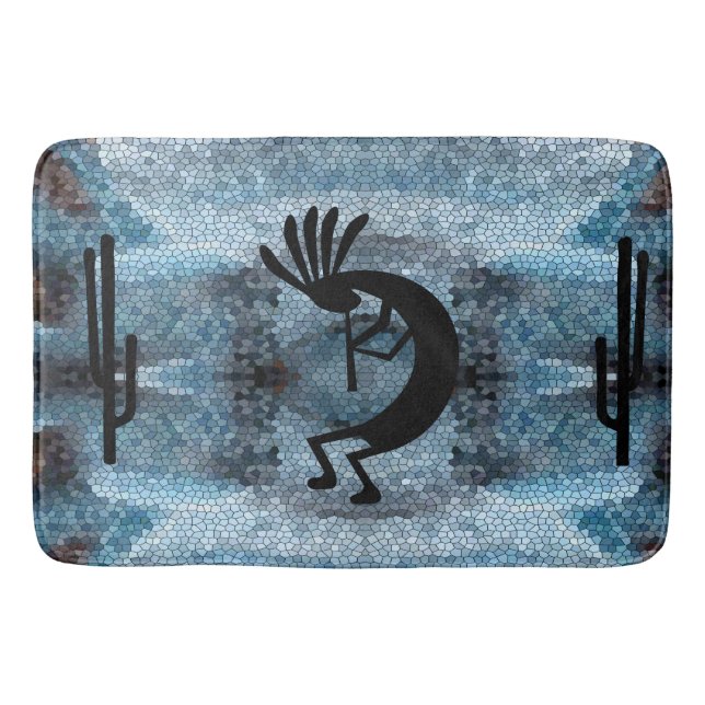 Kokopelli Southwest Wüste Mosaic Blue Badematte (Vorderseite)