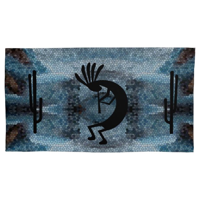 Kokopelli Southwest Wüste Mosaic Blue King Kissenbezug (Vorderseite)