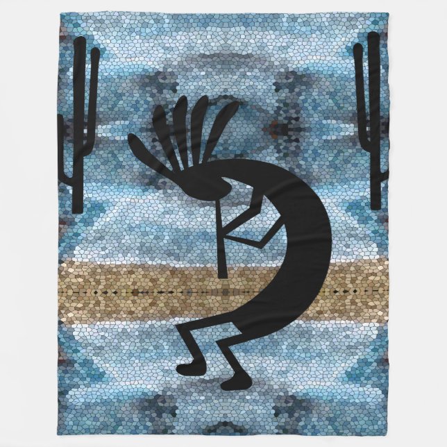 Kokopelli Southwest Wüste Mosaic Blue Large Fleecedecke (Vorderseite)