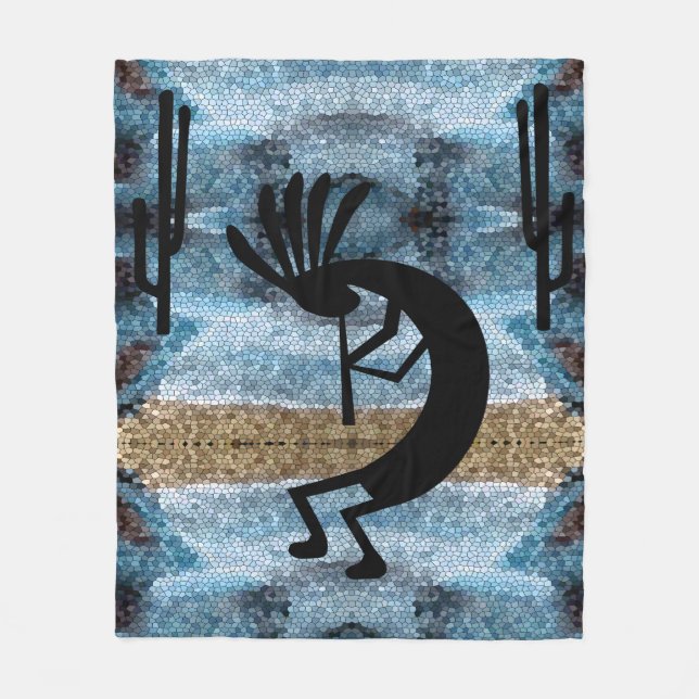 Kokopelli Southwest Wüste Mosaic Blue Medium Fleecedecke (Vorderseite)
