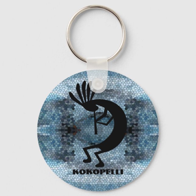 Kokopelli Southwest Wüste Mosaic Blue Schlüsselanhänger (Vorderseite)