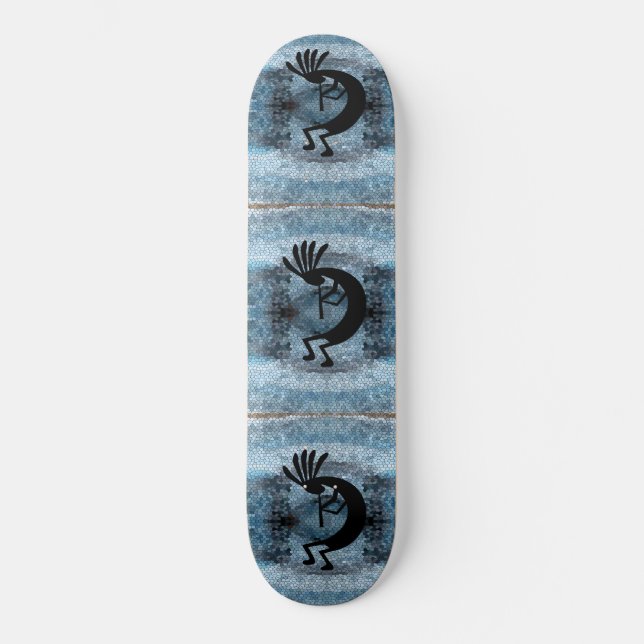 Kokopelli Southwest Wüste Mosaic Blue Skateboard (Vorderseite)