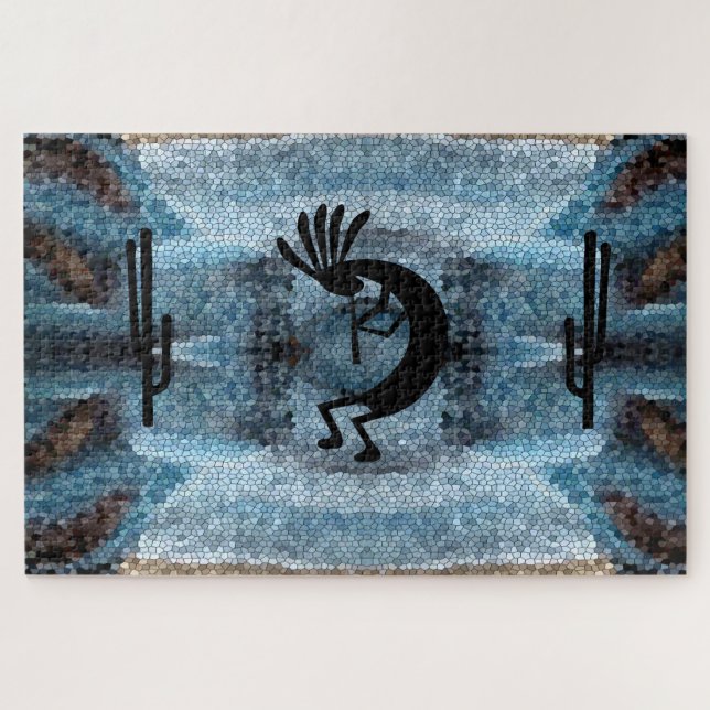 Kokopelli Südwestwüste Blaues Mosaik 20" x 30" Puzzle (Horizontal)