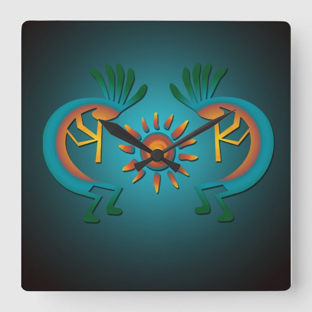 Kokopelli Sun Southwest Clock Quadratische Wanduhr (Vorderseite)
