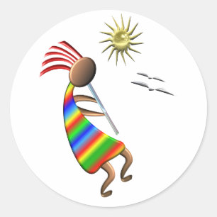 Kokopelli Sun und Vögel Runder Aufkleber