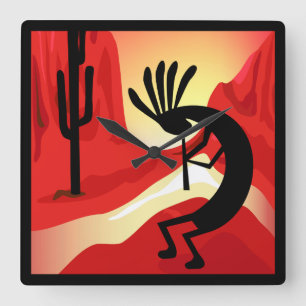 Kokopelli Sunset Wüste Landschaft Südwestuhr Quadratische Wanduhr