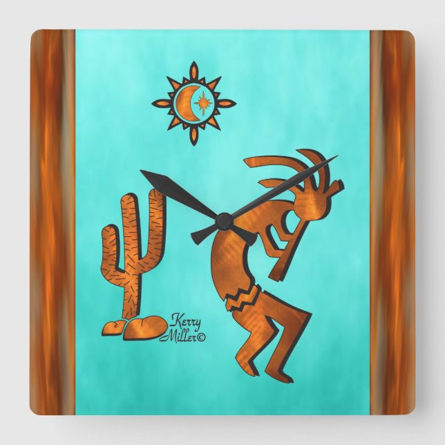 Kokopelli und Kakteen Quadratische Wanduhr (Vorderseite)