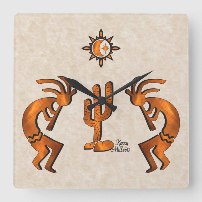 Kokopelli und Kakteen Quadratische Wanduhr (Vorderseite)