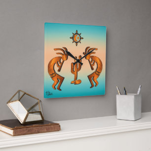 Kokopelli- und Kakteen-Square-Wall-Uhr Quadratische Wanduhr