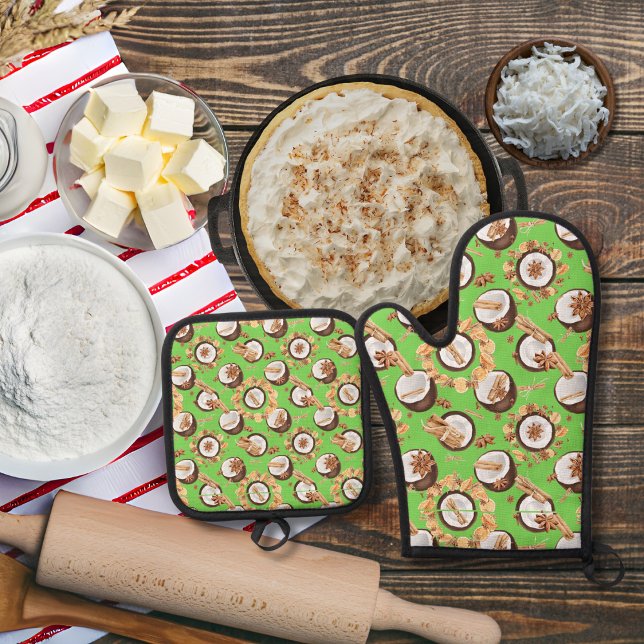 Kokosnüsse und Gewürze grün Ofenhandschuh & Topflappen-Set (Von Creator hochgeladen)
