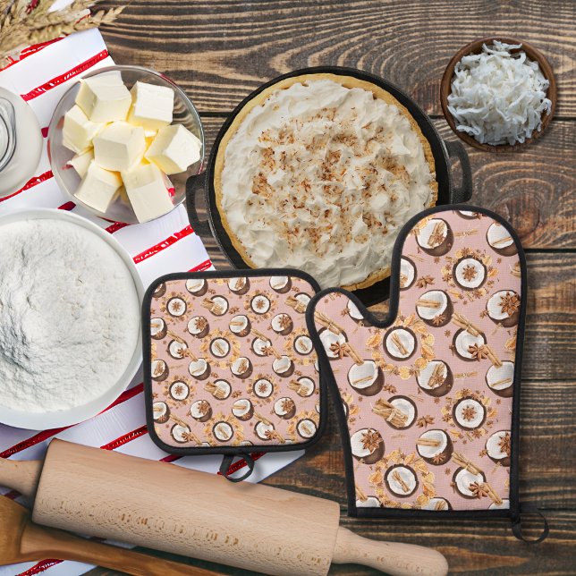 Kokosnüsse und Gewürze rosa Ofenhandschuh & Topflappen-Set (Von Creator hochgeladen)