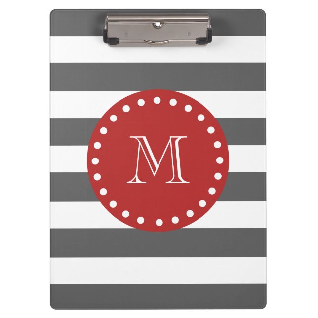 Koksgraues weißes Streifen-Muster, rotes Monogramm Klemmbrett (Vorderseite)