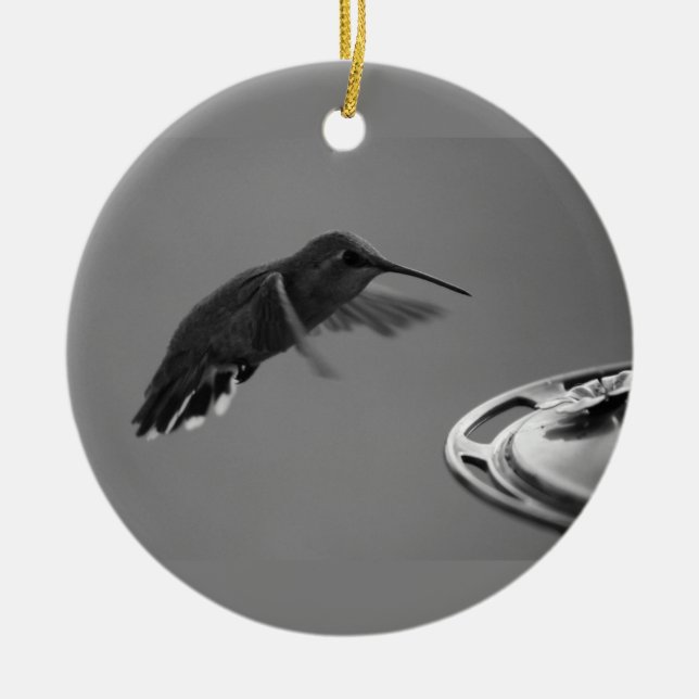 Kolibri am Futterplatz Schwarzweiß 1 oder 3 Keramik Ornament (Vorne)