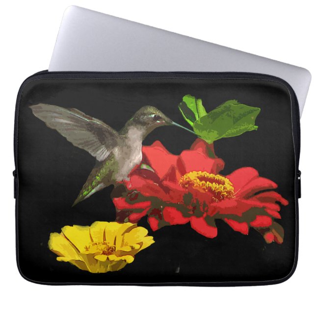 Kolibri auf den roten und gelben Zinnias Laptopschutzhülle (Vorderseite)