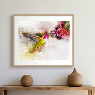 Kolibri beim Trinken von rosa Blüten Aquarell Fotodruck
