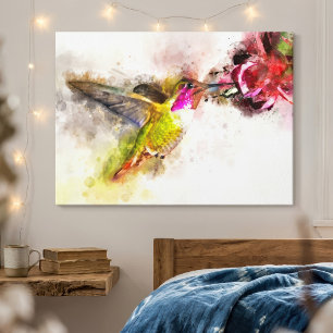 Kolibri beim Trinken von rosa Blüten Aquarell Leinwanddruck