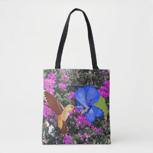 Kolibri, Blauer Hibiskus und Bougainvillea