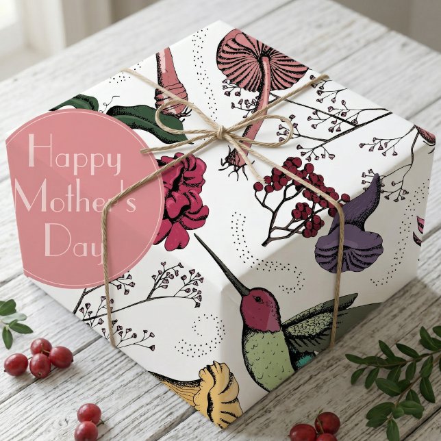 Kolibri Blumen Frohen Muttertag Geschenkpapier (Pretty and Colorful hand drawn hummingbird, bignonia flower, and mushroom botanical spring garden)