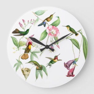 Kolibri-Blumen-Vogel-Tier-Tiere mit Blumen Große Wanduhr