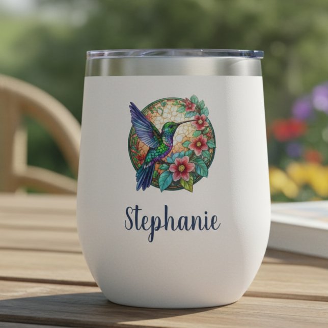 Kolibri-Buntglas-Blumengeschenk (Stained glass personalized floral hummingbird wine tumbler)