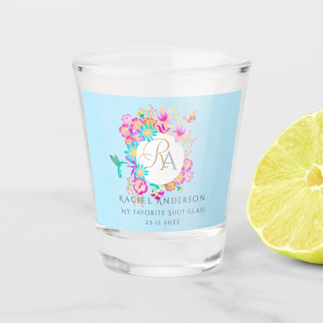 Kolibri-Garten-Monogramm Blau Schnapsglas (Vorderseite)