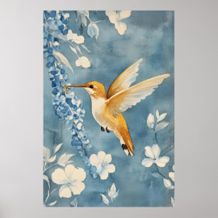 Kolibri im Flug mitten unter weißen Blumen Poster