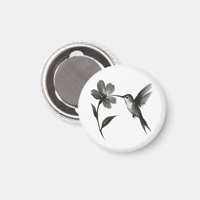 Kolibri mit Blume – Tuschepinsel-Design auf  Magnet (Vorderseite/Rückseite)