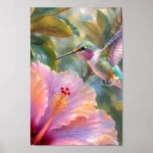 Kolibri mit Hibiskus-Wasserfarbe Poster