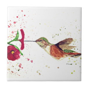 Kolibri rote Blumen Natur Aquarell Vögel Fliese